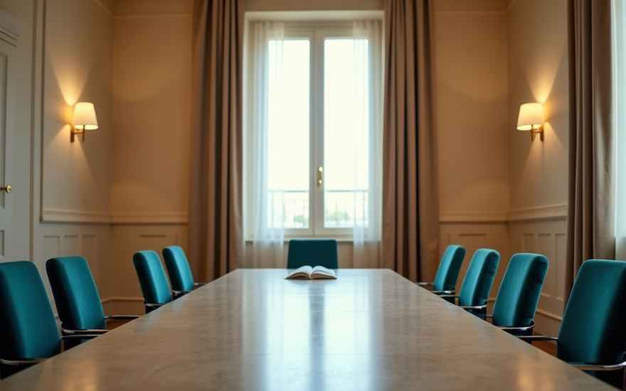 Tyhjä muodollinen kokoushuone, kaksi tuolia vastakkain