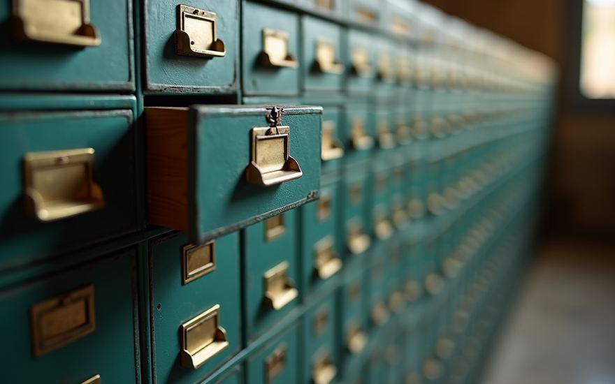 Rivi arkistolaatikoita messinkisine nimikilpineen, yksi hieman auki